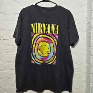 Nirvana Smiley Face Graphic Band T-Shirt Mens 2XL Charcoal Gray Tee
